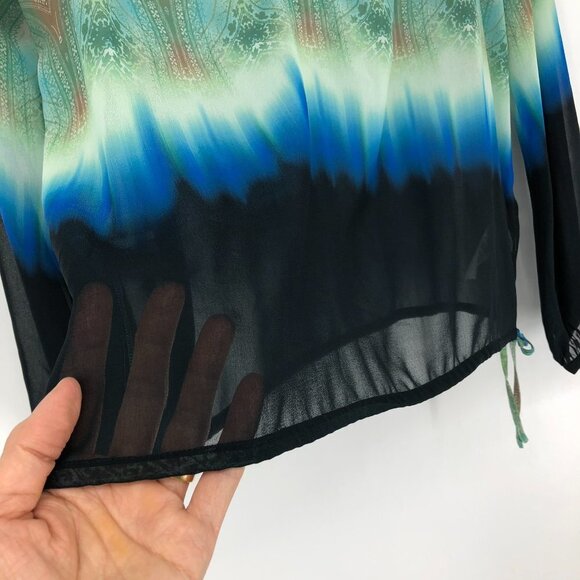 NWT Marciano paisley patterned green blue ombre long sleeve button neck top S - Picture 11 of 16